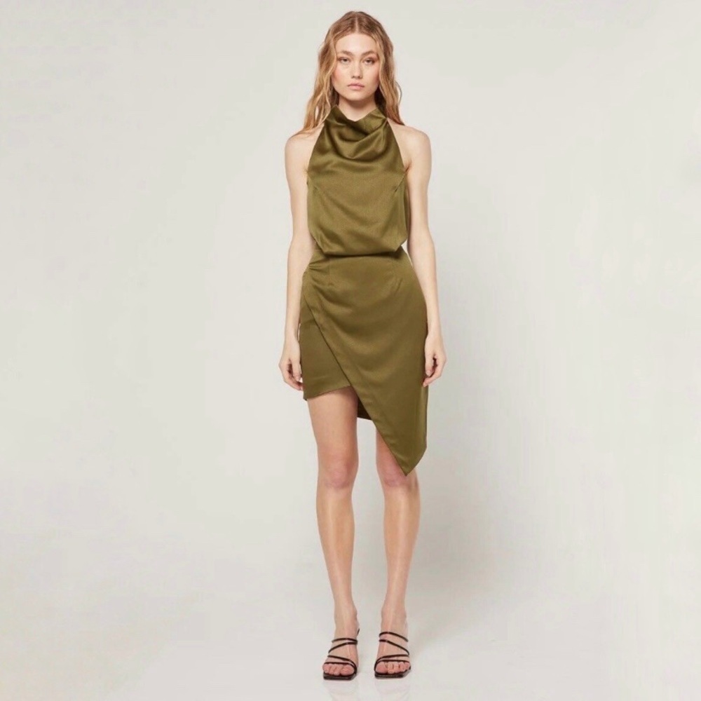 NWT Elliatt Camo Asymmetric Satin Halter Dress Khaki Green Medium